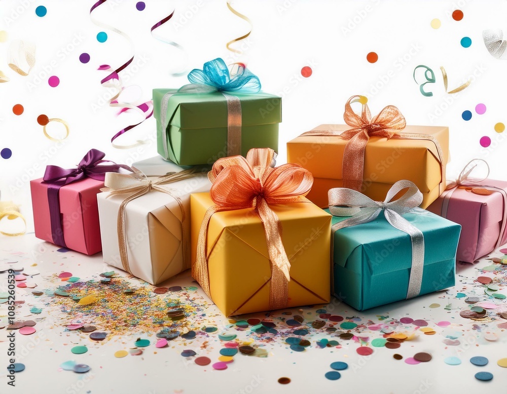Wrapped presents for birthday, gift boxes with ribbon and bow, confetti on white background Wrapped presents for birthday, gift boxes with ribbon and bow, confetti on white background