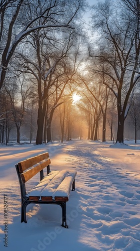 Serene winter scene of a bench in a snowy park at sunrise.