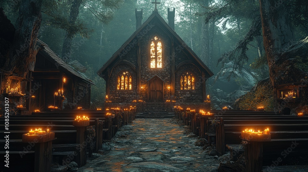 Mystical stone church in a dark forest, illuminated by candlelight. Mystical stone church in a dark forest, illuminated by candlelight.