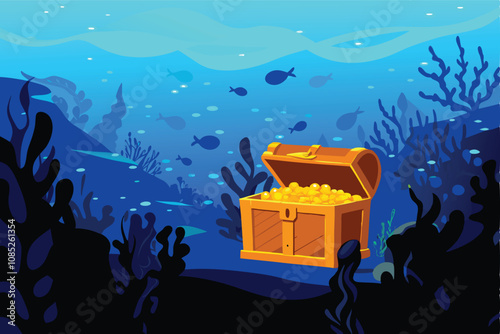 Render a highly detailed underwater scene featuring a sunken treasure chest overflowing with gold coins and jewels, surrounded by vibrant coral and diverse marine life.