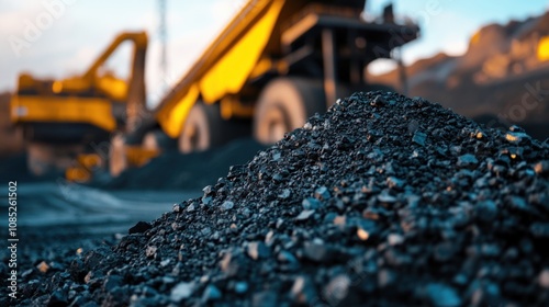 Close-up of Coal Pile with Blurred Excavator in Background