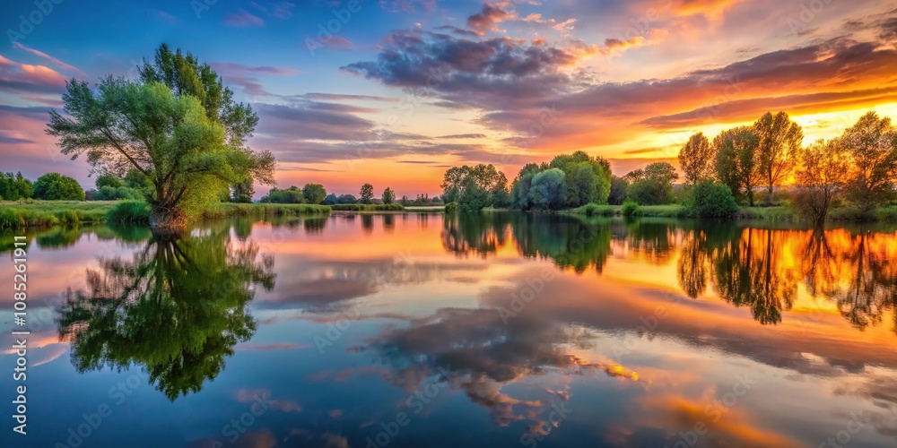Obraz premium High definition landscape photography featuring a serene lake at sunset with trees reflected on the water's surface, serene lakeside, reflection in water
