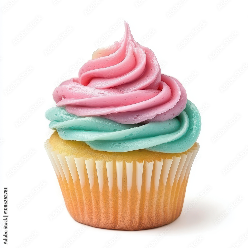 single cupcake with swirl of pink and blue frosting, showcasing pastel tones and delightful appearance. Perfect for celebrations and sweet treats single cupcake with swirl of pink and blue frosting, showcasing pastel tones and delightful appearance. Perfect for celebrations and sweet treats