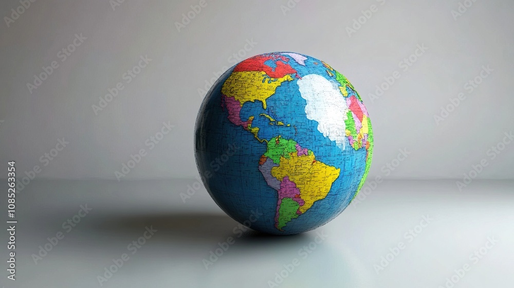 Colorful Globe with Detailed Map Illustrating Continents, Oceans, and Countries on a Smooth Surface Against a Soft Neutral Background Colorful Globe with Detailed Map Illustrating Continents, Oceans, and Countries on a Smooth Surface Against a Soft Neutral Background