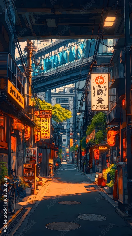 Obraz premium A vibrant alleyway in Japan illuminated by warm street lights at dusk.