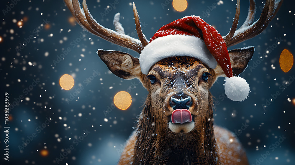 A playful photo of a deer sticking out its tongue while wearing a festive Santa hat, capturing the fun and joyful spirit of the holiday season, evoking a sense of cheer, lightheartedness, and holiday 