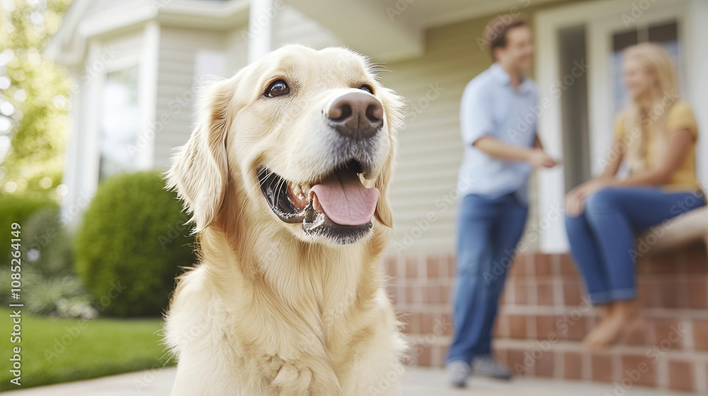 Porträt eines Hundes vor einem Haus mit unscharfem Paar im Hintergrund Porträt eines Hundes vor einem Haus mit unscharfem Paar im Hintergrund