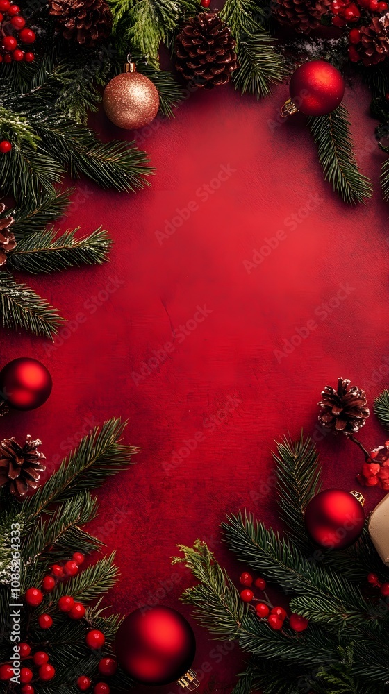 Festive Christmas decorations with red and gold ornaments on a rich red background. Festive Christmas decorations with red and gold ornaments on a rich red background.