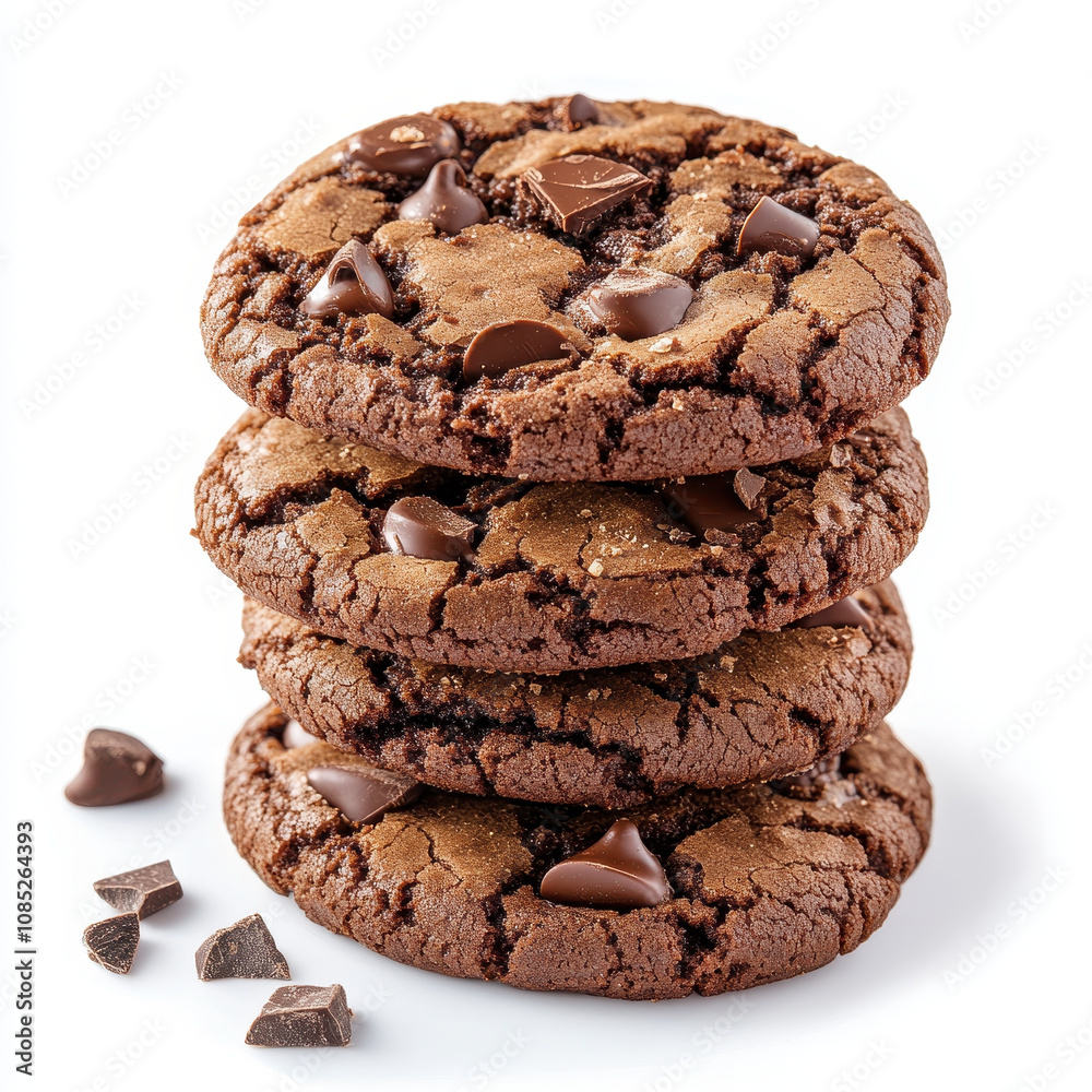 Delicious stack of chocolate cookies with rich texture and chocolate chips, perfect for dessert lovers. Enjoy sweet indulgence!