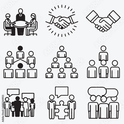 Modern Vector Icon Set: Business Teamwork, Collaboration, Communication & Leadership Symbols