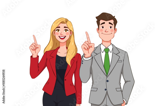 Cartoon Business Couple Pointing Up