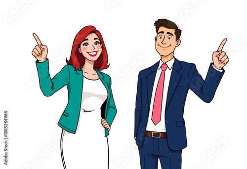 Smiling Business Couple Pointing Up