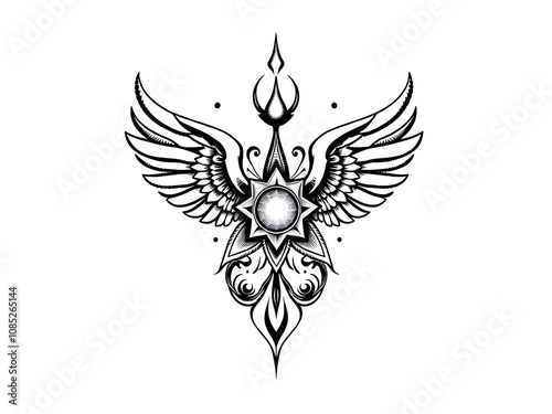 Black Ink Illustration of a Sun with Wings and Ornate Details. AI Generated