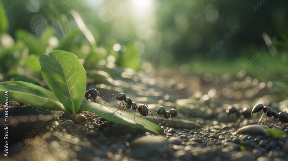 Ants carrying leaf in lush green environment at sunrise. Insects Ants carrying leaf in lush green environment at sunrise. Insects