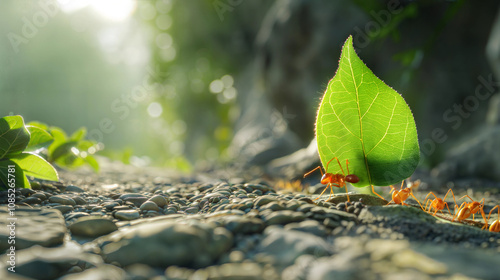 Ants carrying leaf through sunlit forest floor with pebbles photo