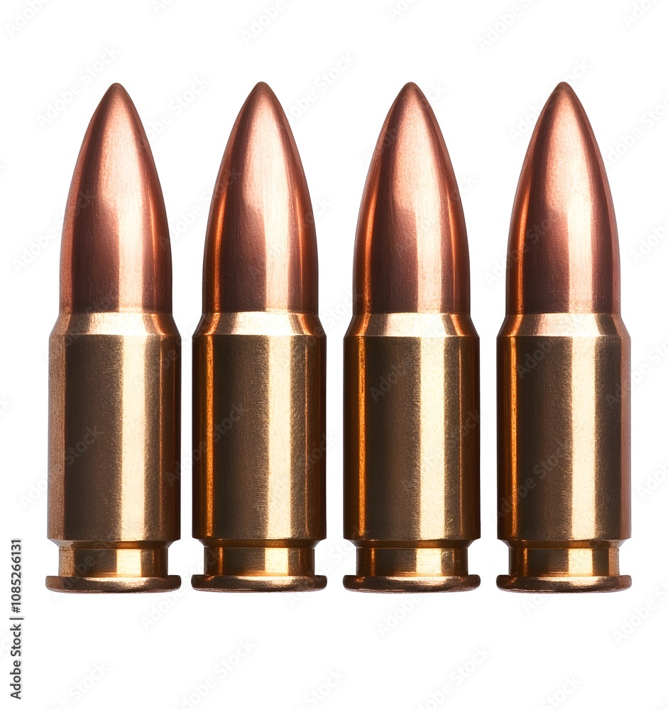 Four copper jacketed bullets arranged in a row Four copper jacketed bullets arranged in a row
