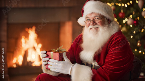 Santa claus holding gift by cozy fireplace on christmas eve photo