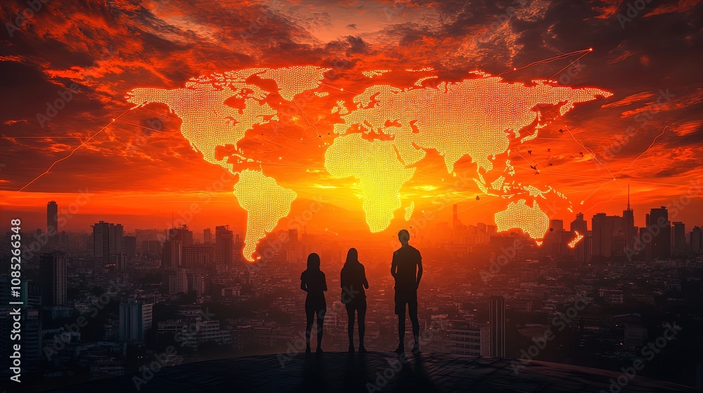 Fototapeta premium Chasing Ambitions: Silhouetted Figures Admiring a Glowing World Map Over a Cityscape - Perfect as a Sporty Interior Poster Capturing Modern Connections Amidst a Stunning Sunset!