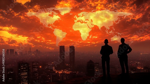 Wallpaper Mural Chasing Ambitions: Silhouetted Figures Admiring a Glowing World Map Over a Cityscape - Perfect as a Sporty Interior Poster Capturing Modern Connections Amidst a Stunning Sunset! Torontodigital.ca