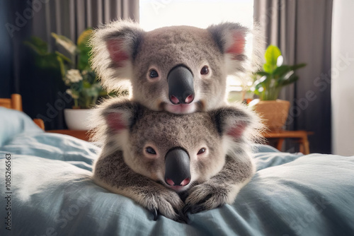 two koalas peacefully cuddled up together on a soft, white surface. they rest their heads on their paws, creating a serene and tranquil atmosphere. photo