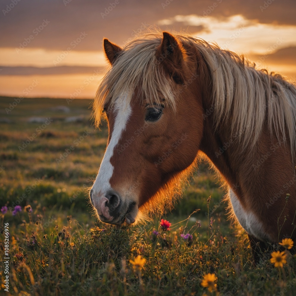 Obraz premium A Shetland pony grazing in a colorful meadow at sunset.