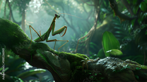 Praying mantis in lush jungle setting