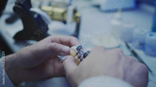A dental technician grinds a veneer on a dental model