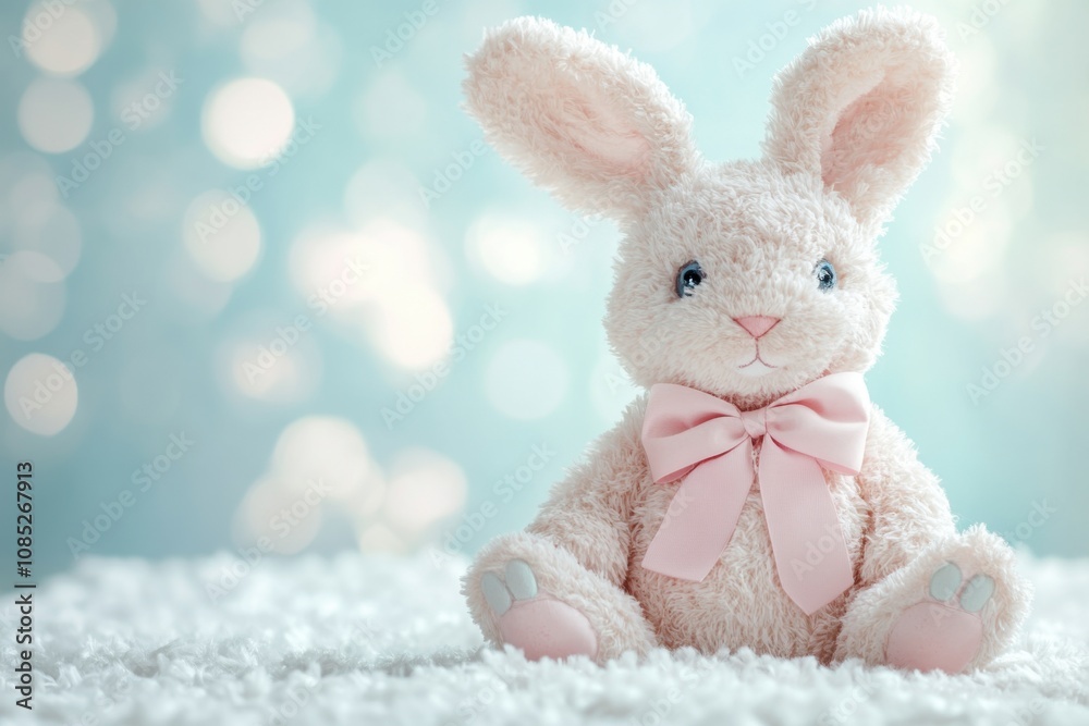 Fototapeta premium Adorable baby bunny with bow on soft background for spring decor or children's room