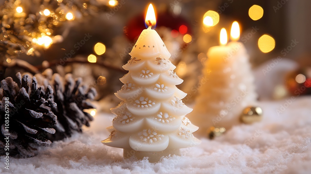 Lit Christmas tree-shaped candle and another candle on snow with pine cones and bokeh lights in background. Lit Christmas tree-shaped candle and another candle on snow with pine cones and bokeh lights in background.