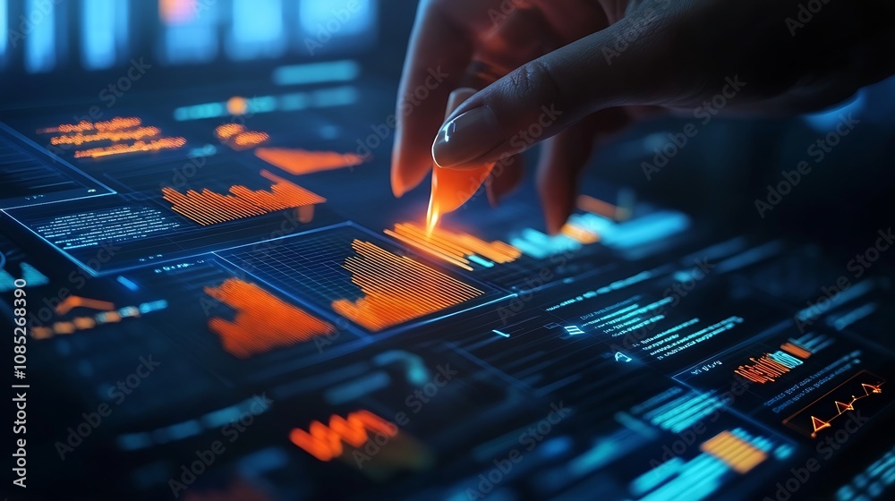 Finger Interacting with a Futuristic Data Visualization Interface Finger Interacting with a Futuristic Data Visualization Interface