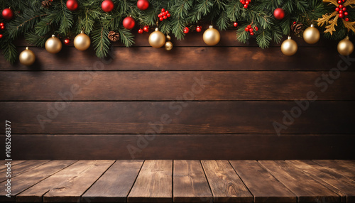 christmas blurred background, decorated tree and lights in background, wooden table, product photograph, front angle shooting, advertising shooting, effective lightning photo