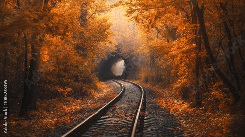 Autumnal Railway Tunnel - A Pathway Through Golden Leaves