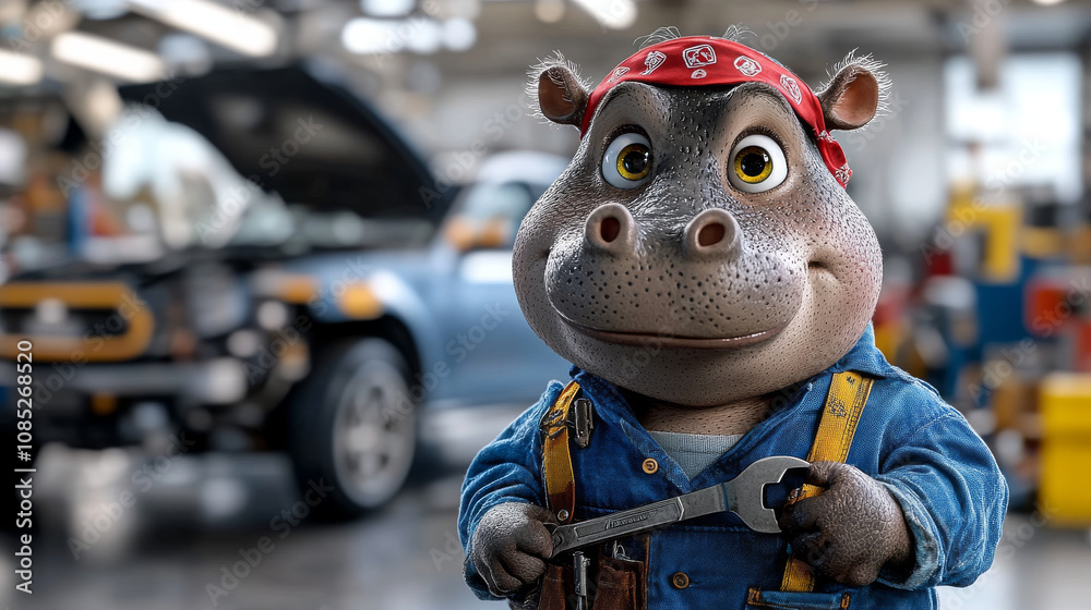 Cheerful hippo mechanic holding wrench in garage setting, wearing blue shirt and red bandana, surrounded by tools and car Cheerful hippo mechanic holding wrench in garage setting, wearing blue shirt and red bandana, surrounded by tools and car