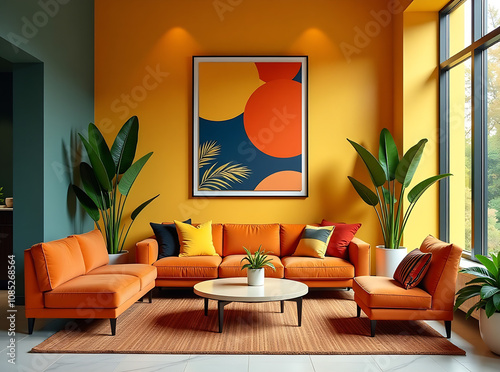 Elegant boutique hotel lobby with bold art, vibrant furniture, and lush indoor plants. Hotel lobby with orange sofas, yellow wall, and modern art.