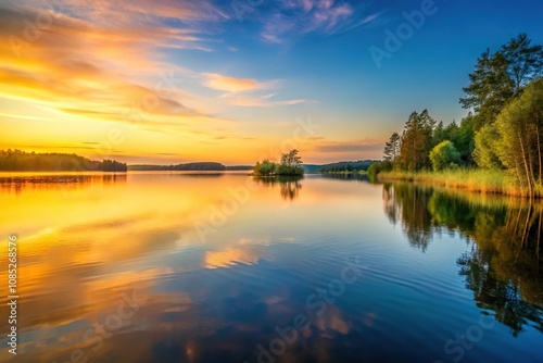 Soft golden light fades over a serene lake at dusk, evening stillness, sunset glow