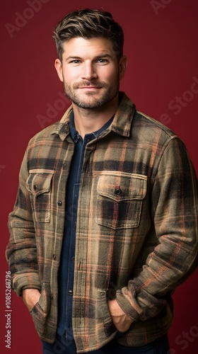 Smiling Caucasian man in a plaid jacket against a red backdrop.