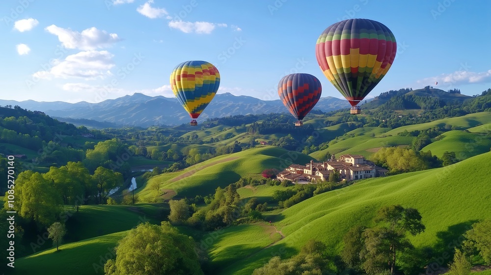Naklejka premium Whimsical Hot Air Balloons Over Rolling Hills