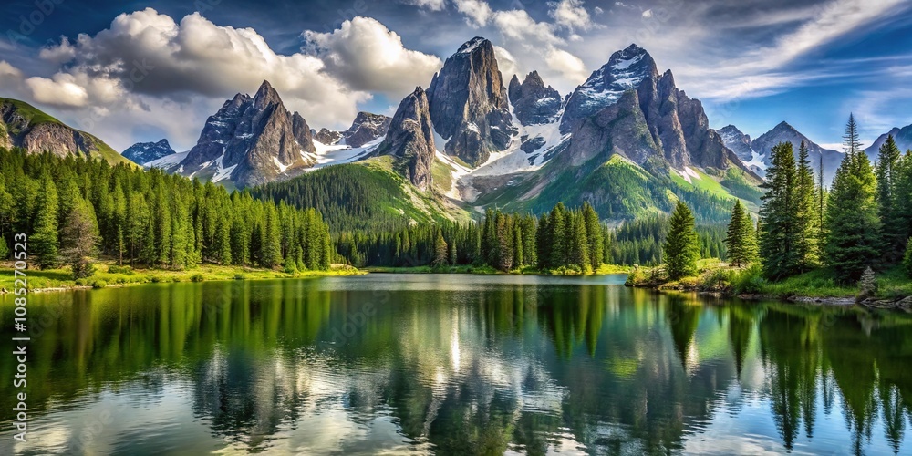 Towering granite peaks with snow-capped summits, lush green forests and serene lakes, alpine meadow, mountain lake, rocky terrain, snow capped, hiking trail Towering granite peaks with snow-capped summits, lush green forests and serene lakes, alpine meadow, mountain lake, rocky terrain, snow capped, hiking trail