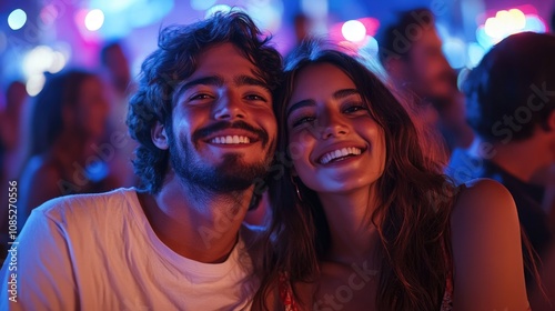 group of people dancing in nightclub, A photo of a couple, in a crowded concert in the middle of the crowd, with beautiful colorful lights and bokeh effect blurred background.