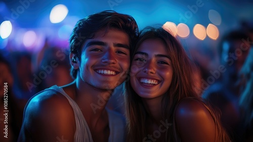 couple in nightclub, A photo of a couple, in a crowded concert in the middle of the crowd, with beautiful colorful lights and bokeh effect blurred background.