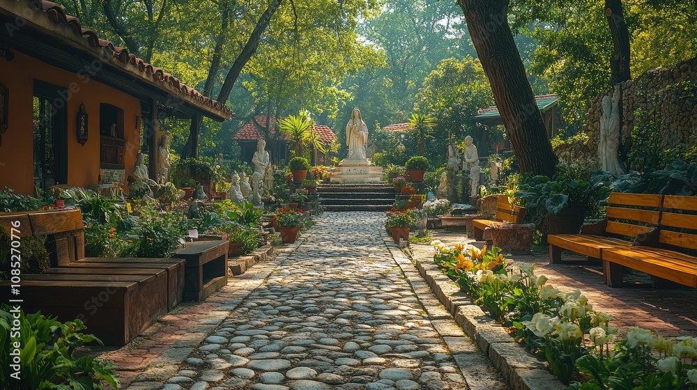Obraz premium Serene garden path with stone statues and flowers.