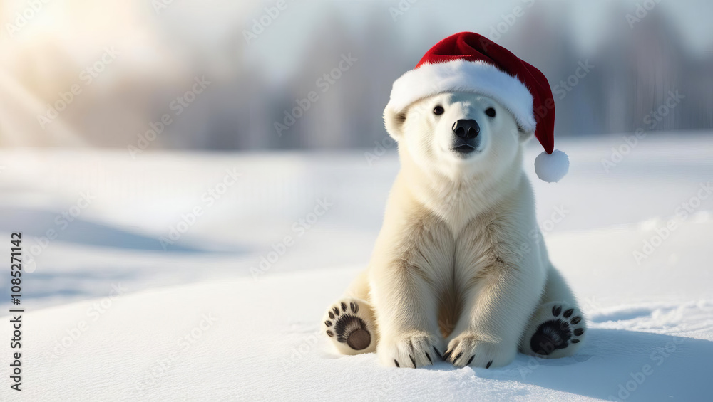 playful polar bear wearing Santa hat sits in snow, evoking festive winter spirit. bright white snow contrasts with red hat, creating cheerful holiday scene playful polar bear wearing Santa hat sits in snow, evoking festive winter spirit. bright white snow contrasts with red hat, creating cheerful holiday scene