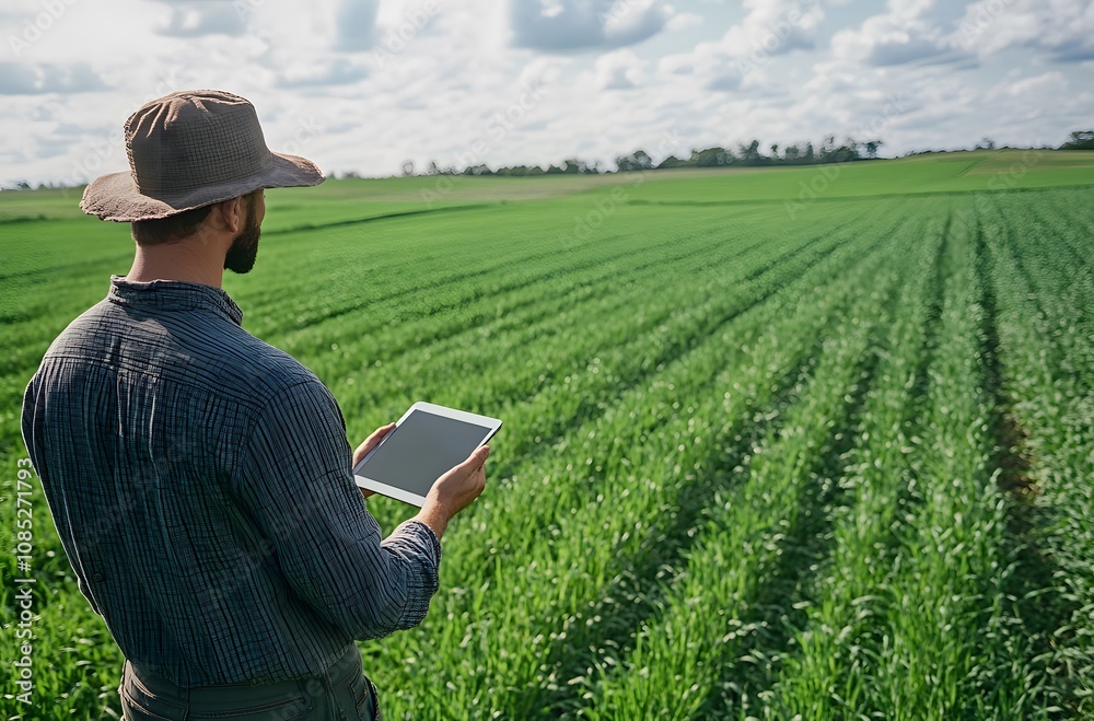 Farmer uses technology to inspect growing crops in field Farmer uses technology to inspect growing crops in field