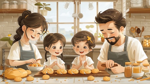 Family baking cookies together in the kitchen photo