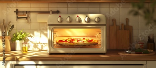 Toaster oven with a freshly baked pizza inside, cozy kitchen setup 