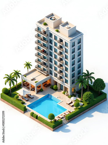 Isometric hotel and swimming pool on a white background.