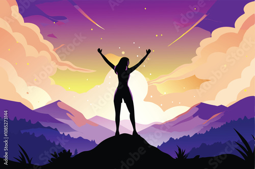 A powerful silhouette of a woman, head held high, standing on a moonlit moor, windswept hair and flowing dress, conveying strength and resilience.