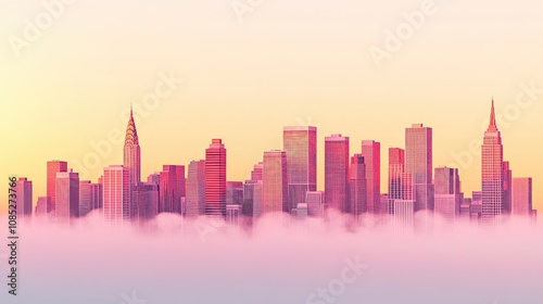 A panoramic 3D cityscape with tall skyscrapers shrouded in morning mist, evoking a futuristic urban vibe.