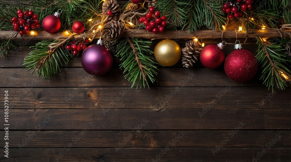 Top view of a christmas frame made of pine twigs, christmas balls, berries and christmas lights with copy space on a rustic wooden plank - generative ai Top view of a christmas frame made of pine twigs, christmas balls, berries and christmas lights with copy space on a rustic wooden plank - generative ai