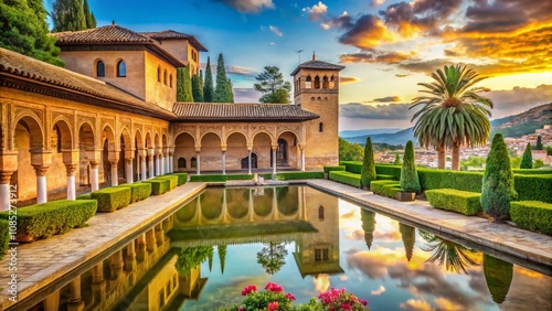 Alhambra Patio de los Leones Panoramic AI Photo, Granada, Spain, Architecture, Landscape